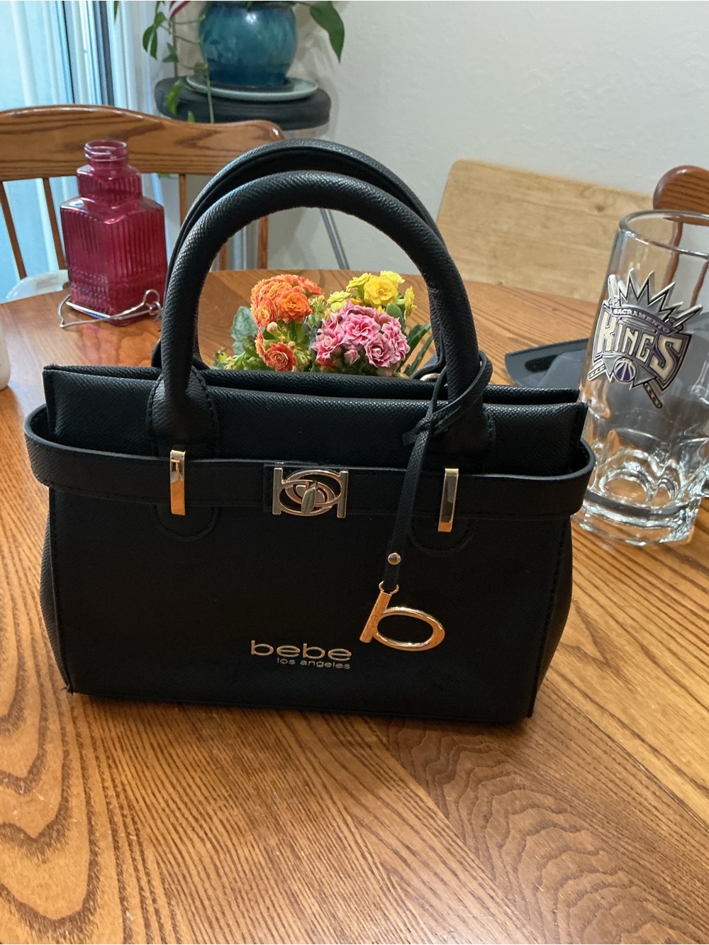 bebe Black Satchel with Gold Hardware